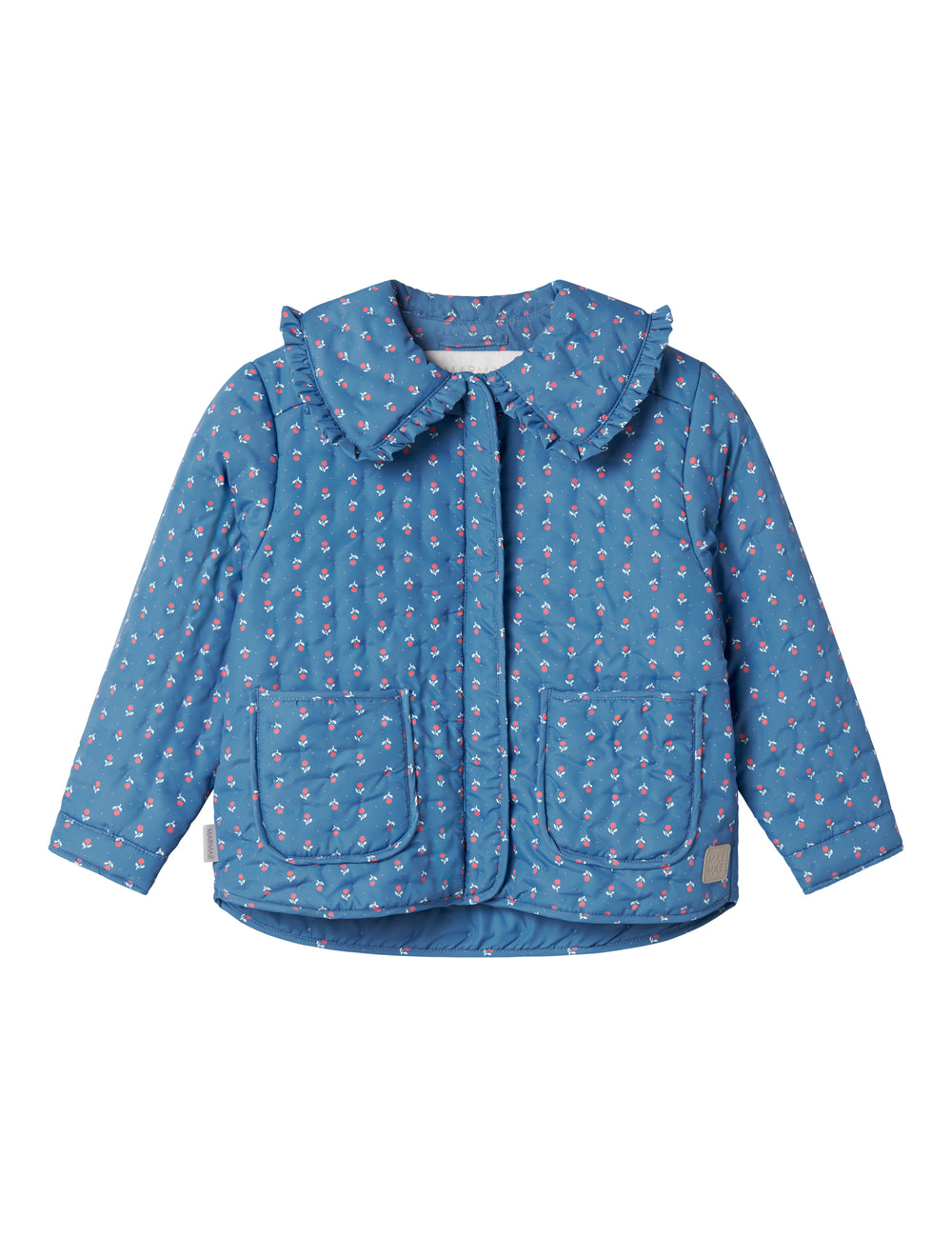Blue thermal jacket for children with a floral pattern and collar.