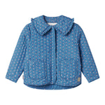 Blue thermal jacket for children with a floral pattern and collar.