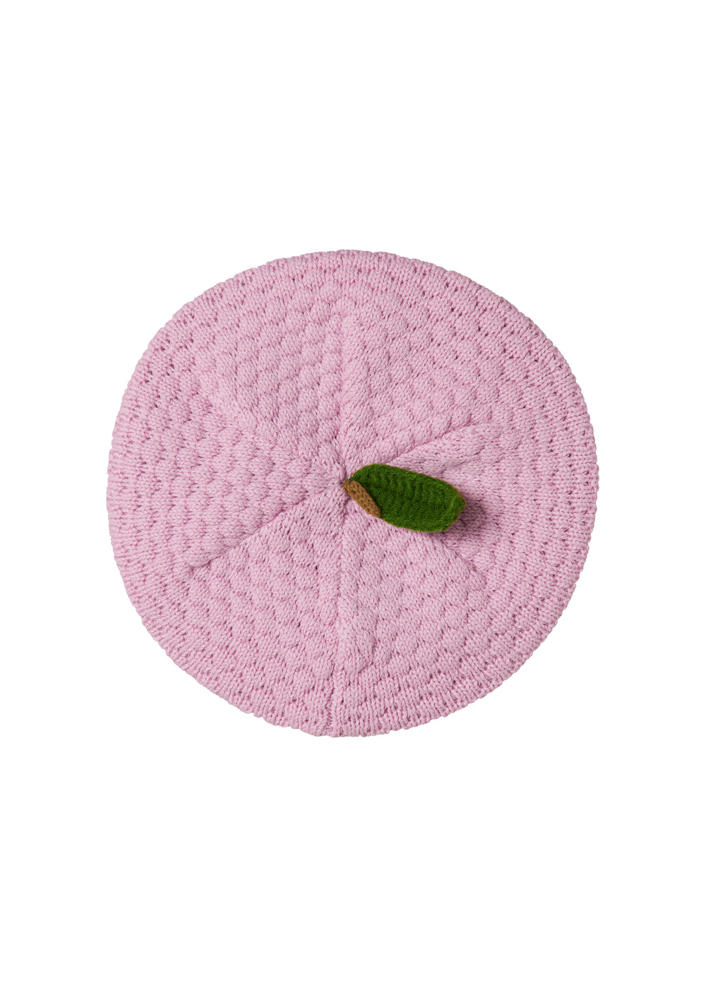 Lyserød strikket babyhue med grønt blad