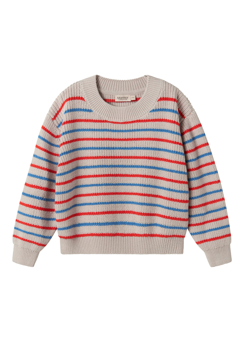 Striped t-shirt for children in beige with blue and red stripes.