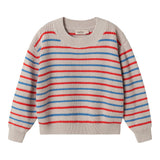 Striped t-shirt for children in beige with blue and red stripes.