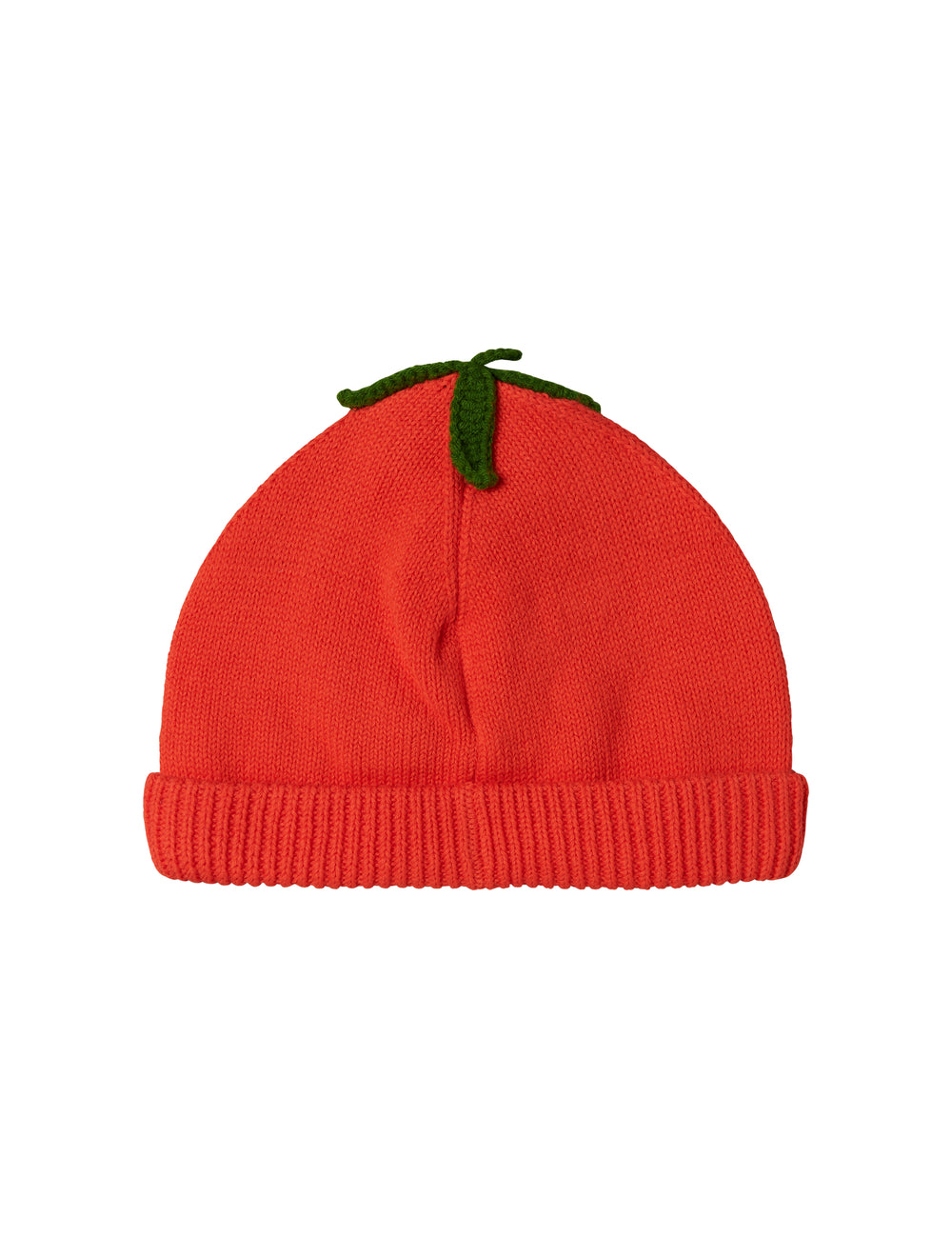 Rød strikhue med grønt blad til baby og børn