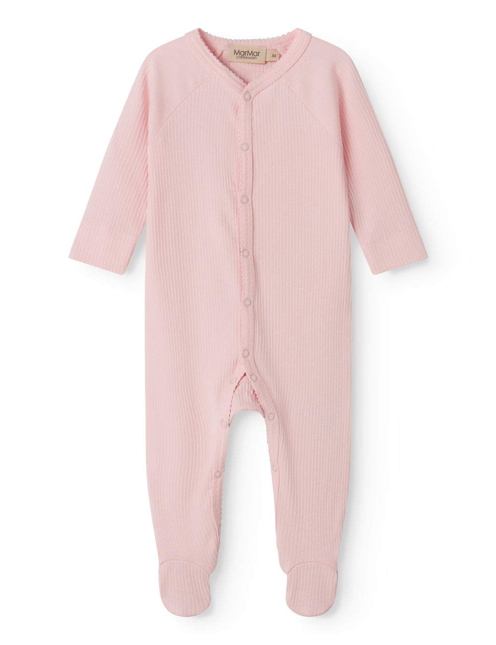 Red long-sleeved baby outfit with feet and buttons.