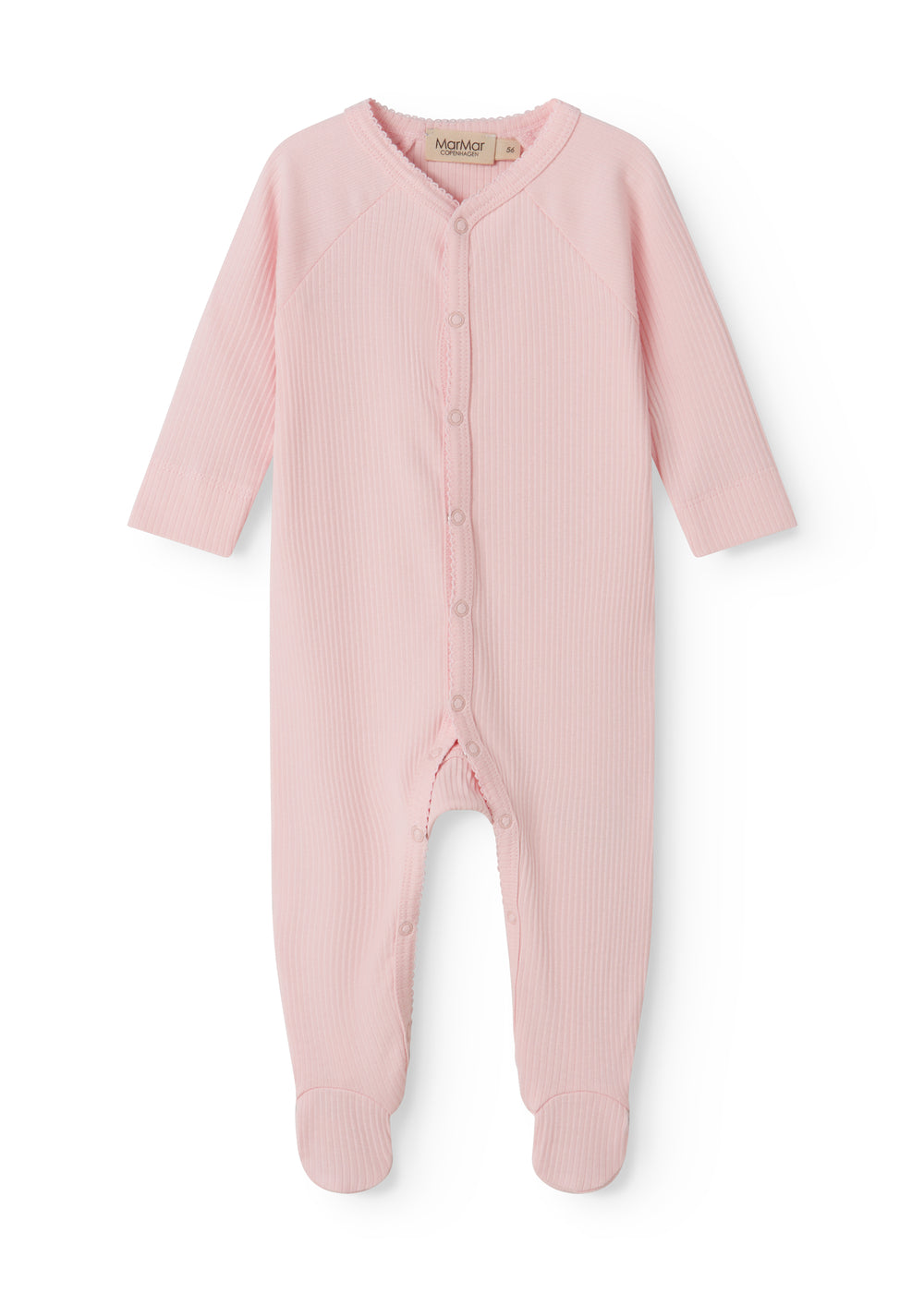 Red long-sleeved baby outfit with feet and buttons.