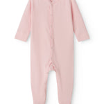 Red long-sleeved baby outfit with feet and buttons.