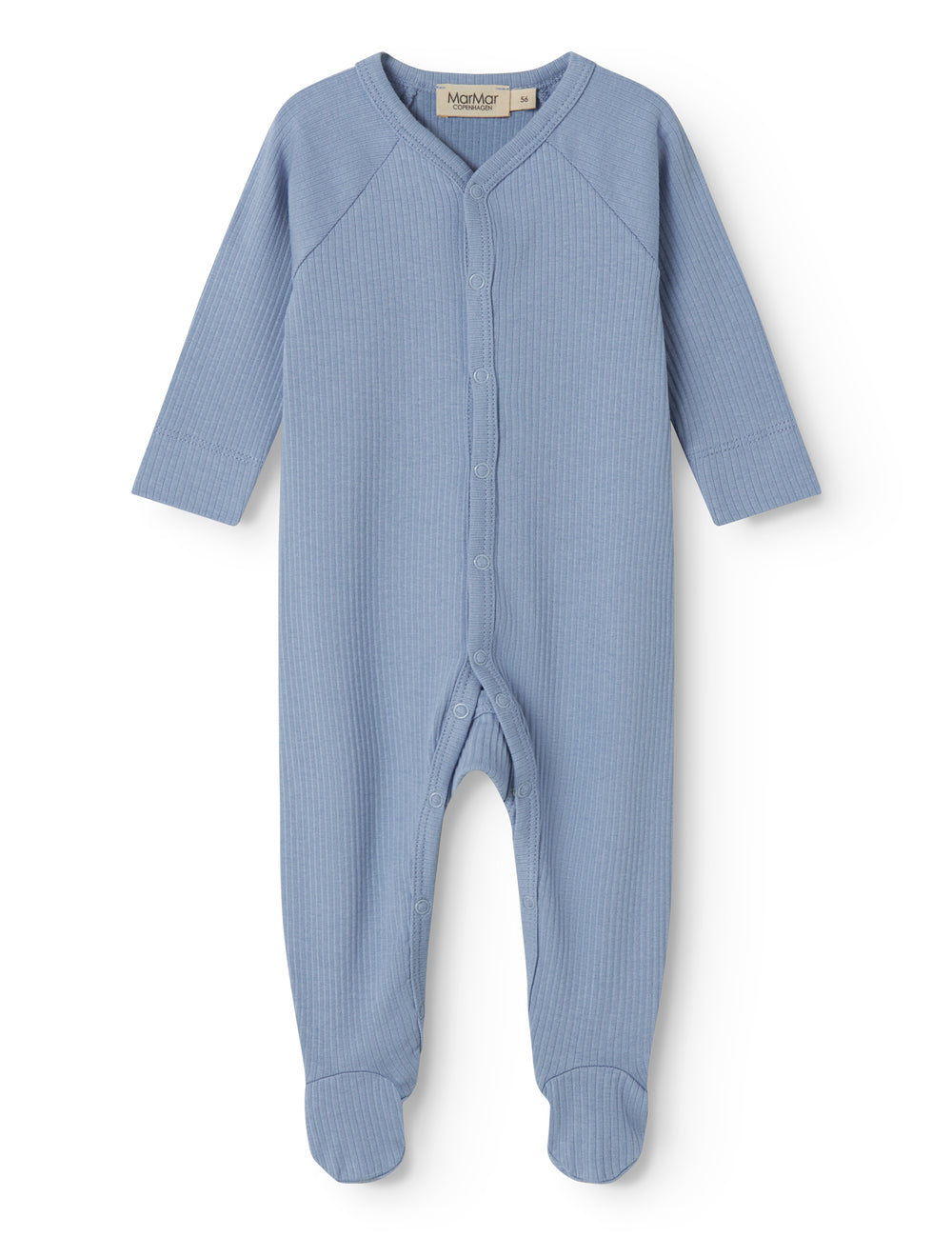 Light blue long-sleeved baby outfit with feet and buttons