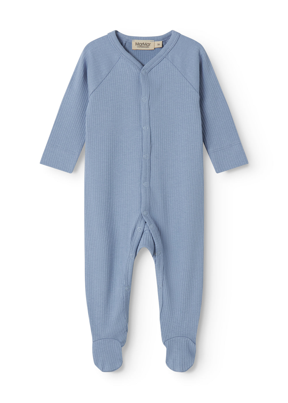 Light blue long-sleeved baby outfit with feet and buttons