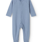 Light blue long-sleeved baby outfit with feet and buttons