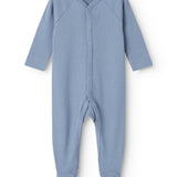 Light blue long-sleeved baby outfit with feet and buttons