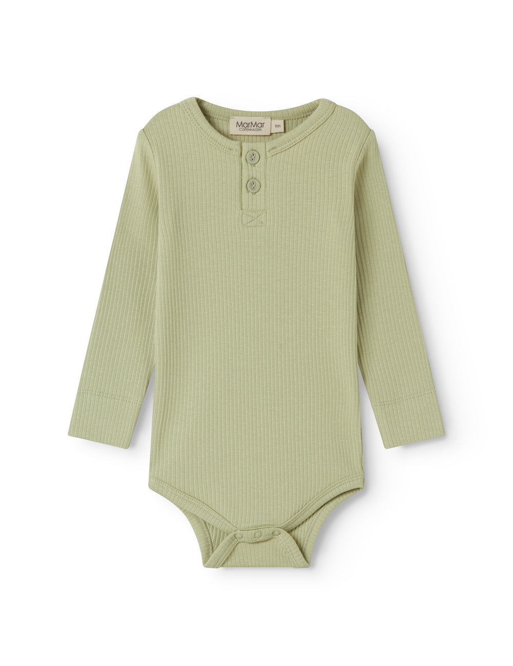 Green long-sleeved baby bodystocking with snap closure.