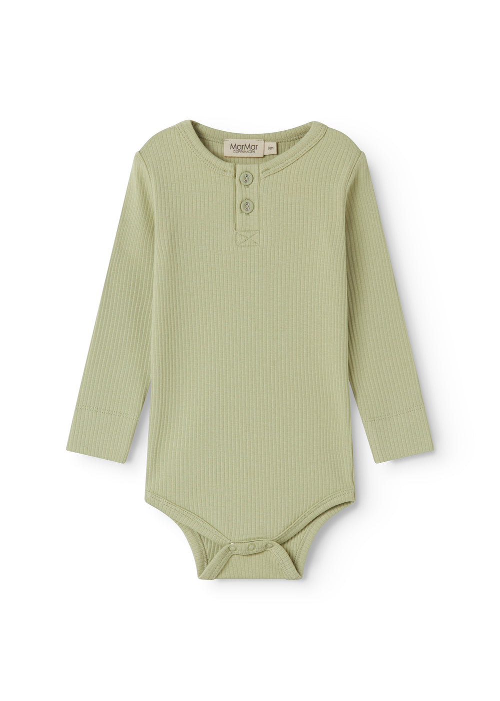 Green long-sleeved baby bodystocking with snap closure.