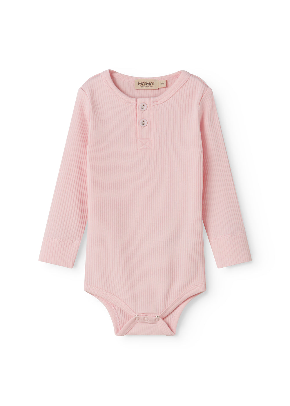 Red long-sleeved baby bodystocking with snap closure.