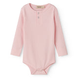 Red long-sleeved baby bodystocking with snap closure.