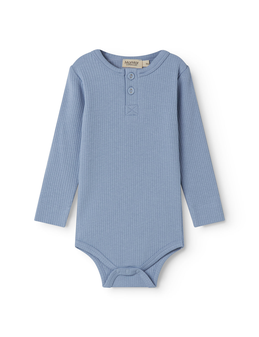 Light blue long-sleeved baby bodystocking with snap closure