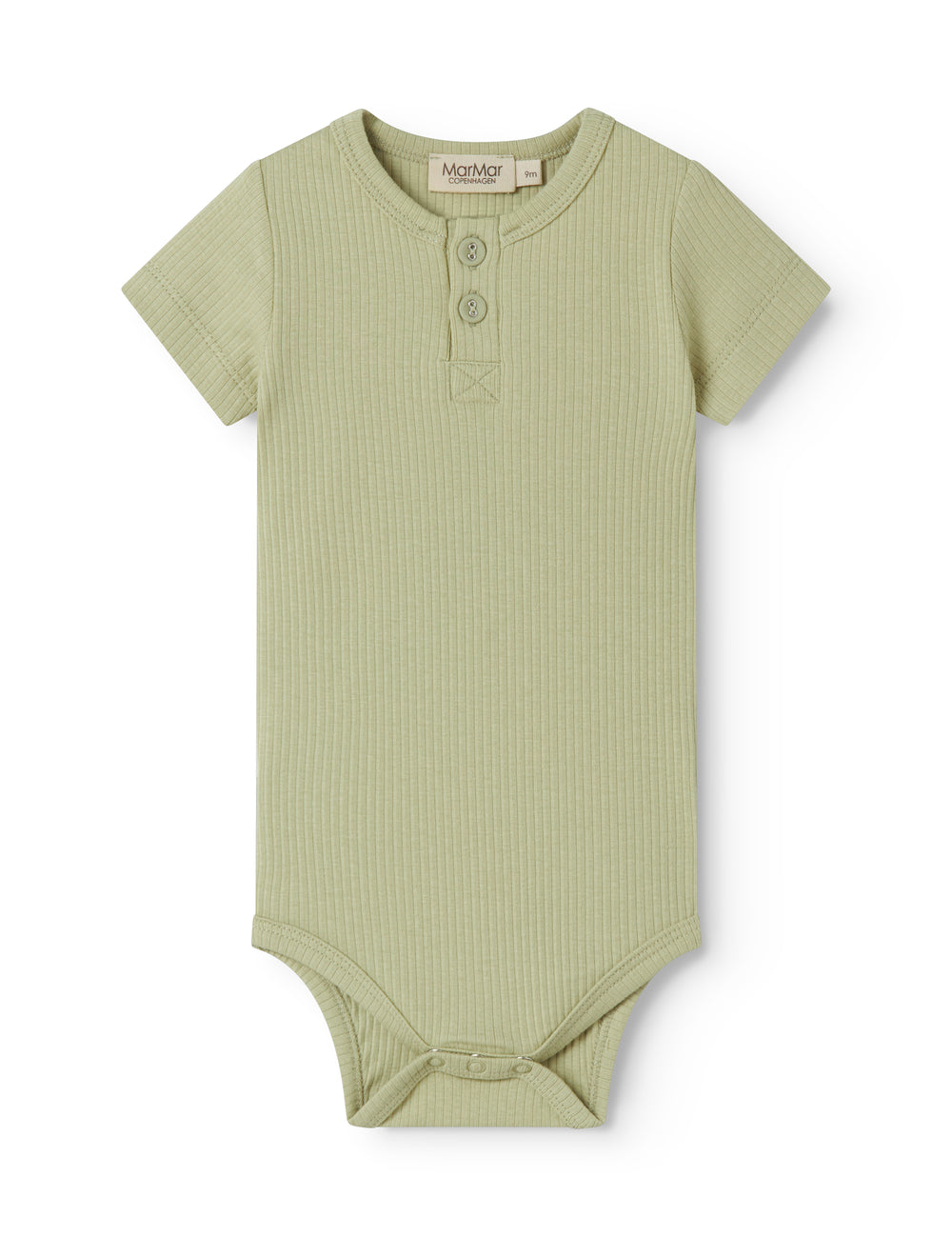 Red short-sleeved baby bodystocking with garter snap closure.