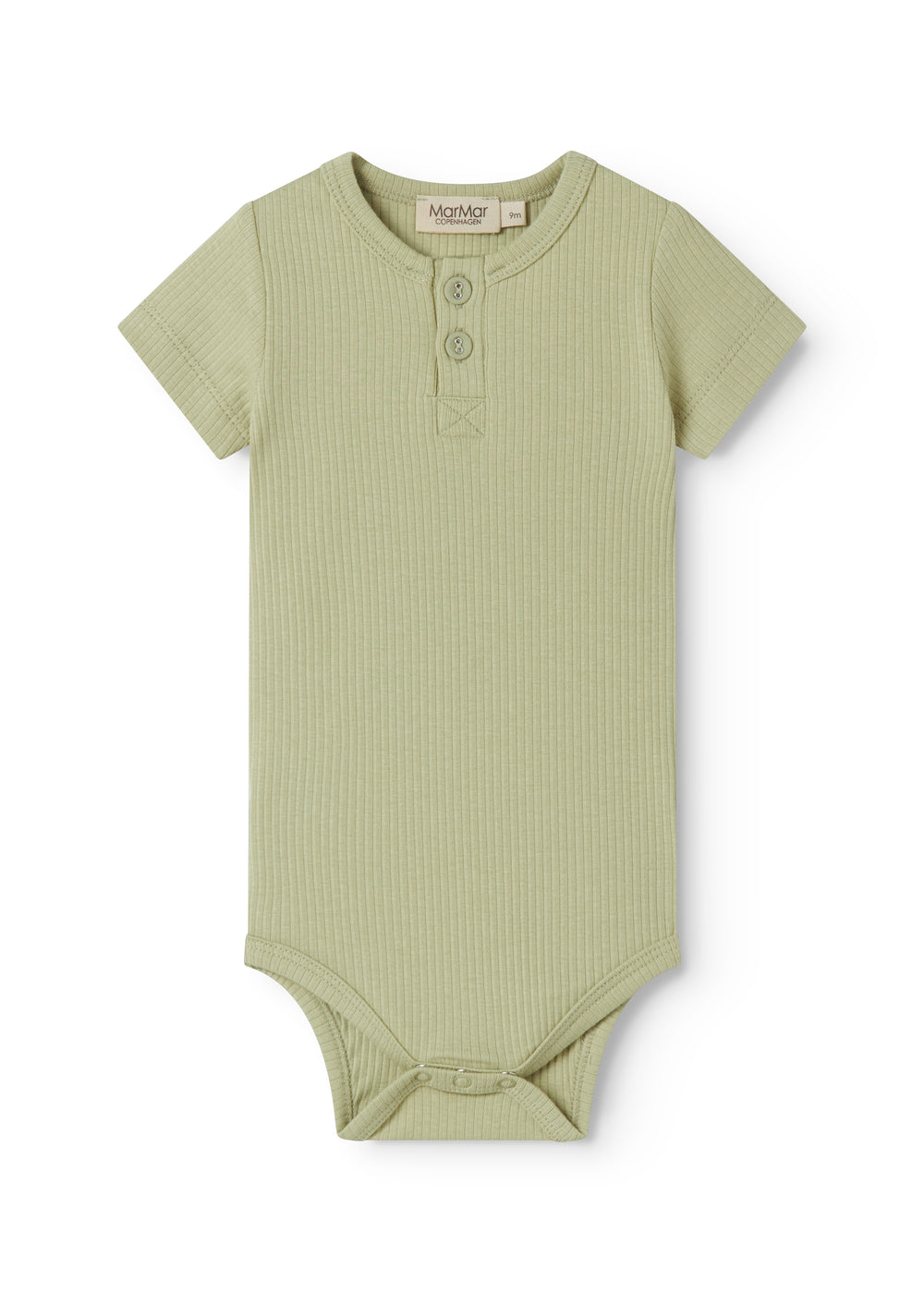 Red short-sleeved baby bodystocking with garter snap closure.