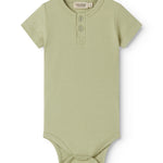 Red short-sleeved baby bodystocking with garter snap closure.