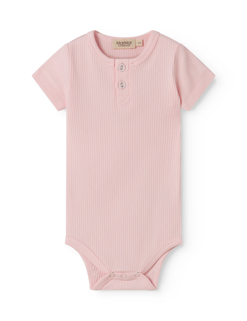 Red short-sleeved baby bodystocking with garter snap closure.