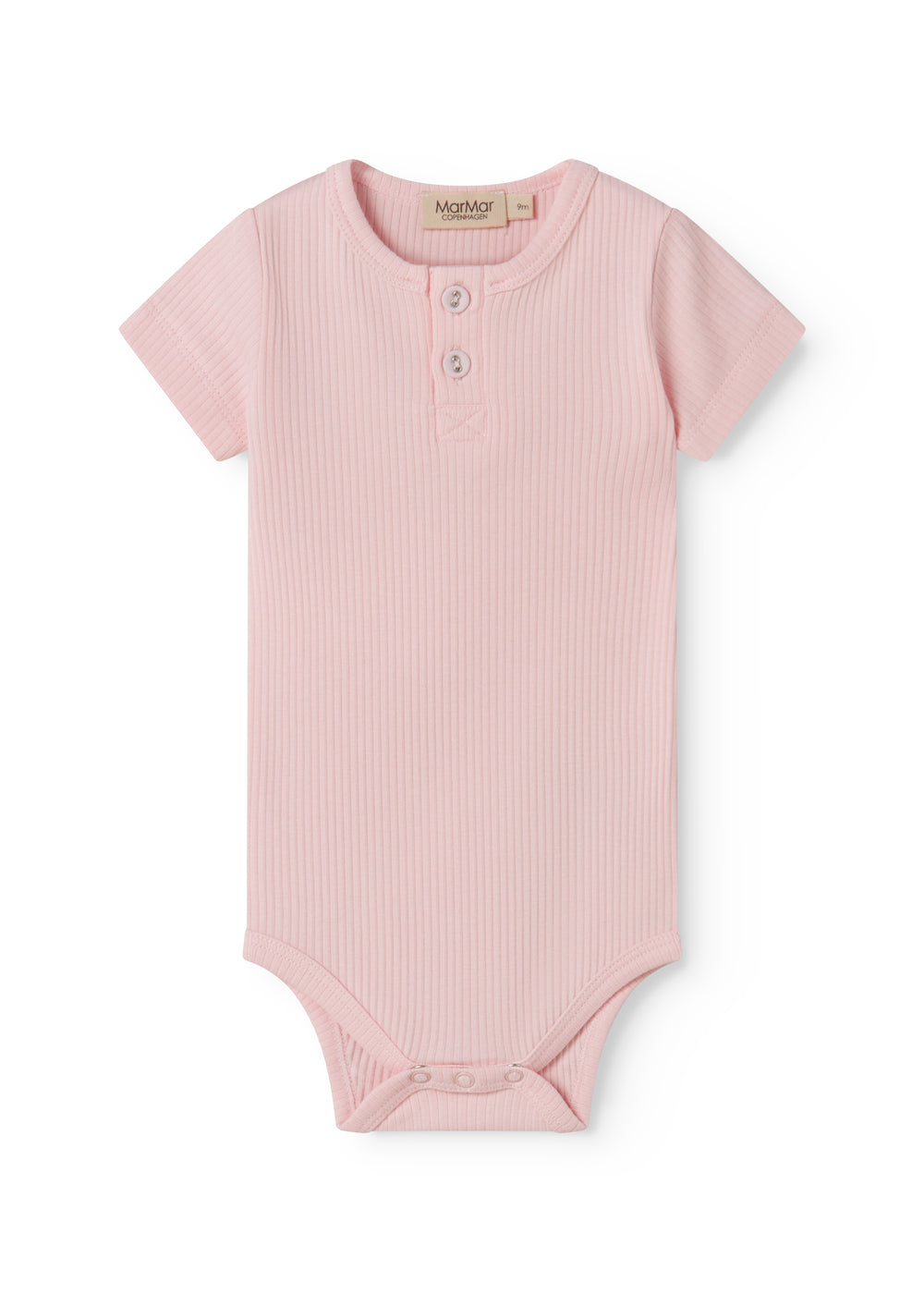 Red short-sleeved baby bodystocking with garter snap closure.