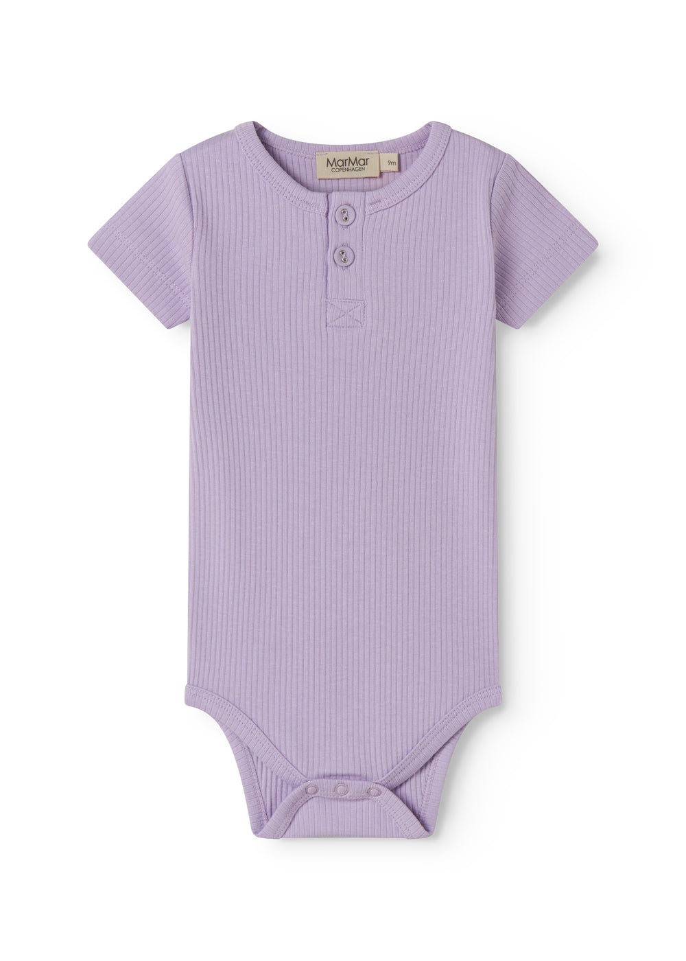Short-sleeved baby modal bodystocking with peekaboo closure in a light purple shade.