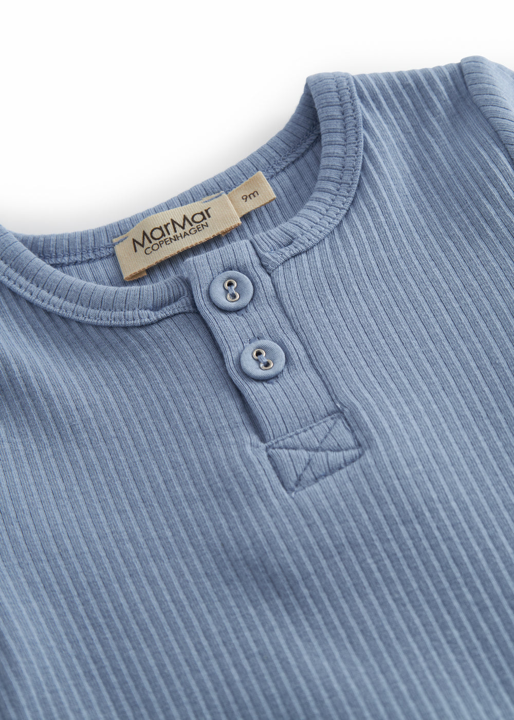 Light blue short-sleeved baby bodystocking with snap closure