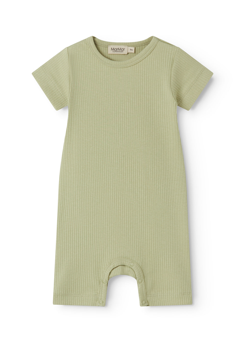 Short-sleeved baby modal romper with short legs in a light green shade.