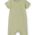 Short-sleeved baby modal romper with short legs in a light green shade.