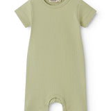 Short-sleeved baby modal romper with short legs in a light green shade.
