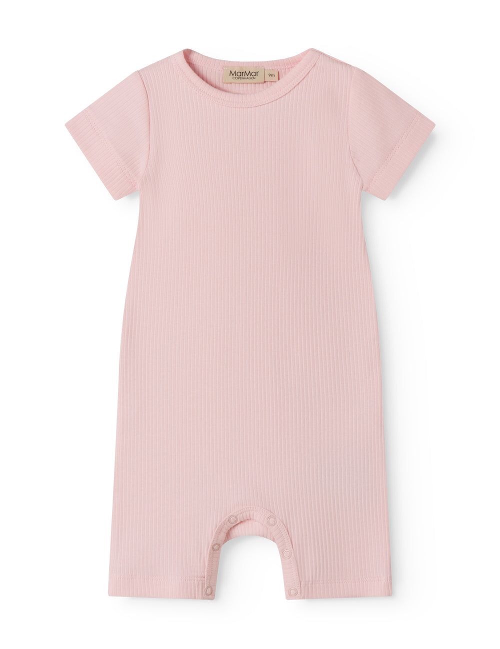 Short-sleeved baby modal romper with short legs in a light red shade.