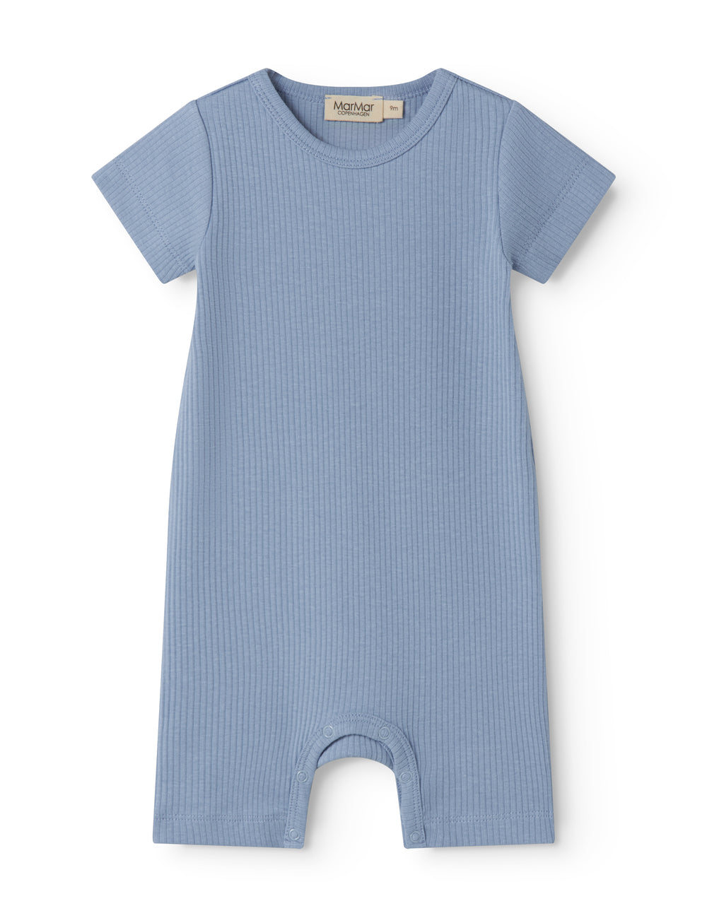 Short-sleeved baby modal romper with short legs in a light blue shade.