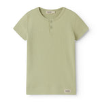 Short light green modal t-shirt for children with button-up closure.
