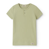 Short light green modal t-shirt for children with button-up closure.