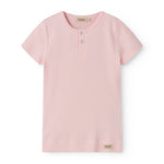 Short sleeve bright red modal t-shirt for children with button-up closure.