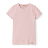 Short sleeve bright red modal t-shirt for children with button-up closure.