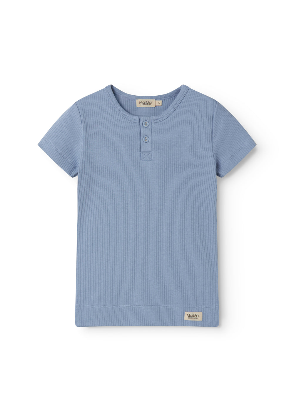 Short light blue modal t-shirt for children with button-up closure.