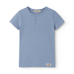 Short light blue modal t-shirt for children with button-up closure.