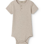 Short-sleeved baby modal bodystocking with snap closure.