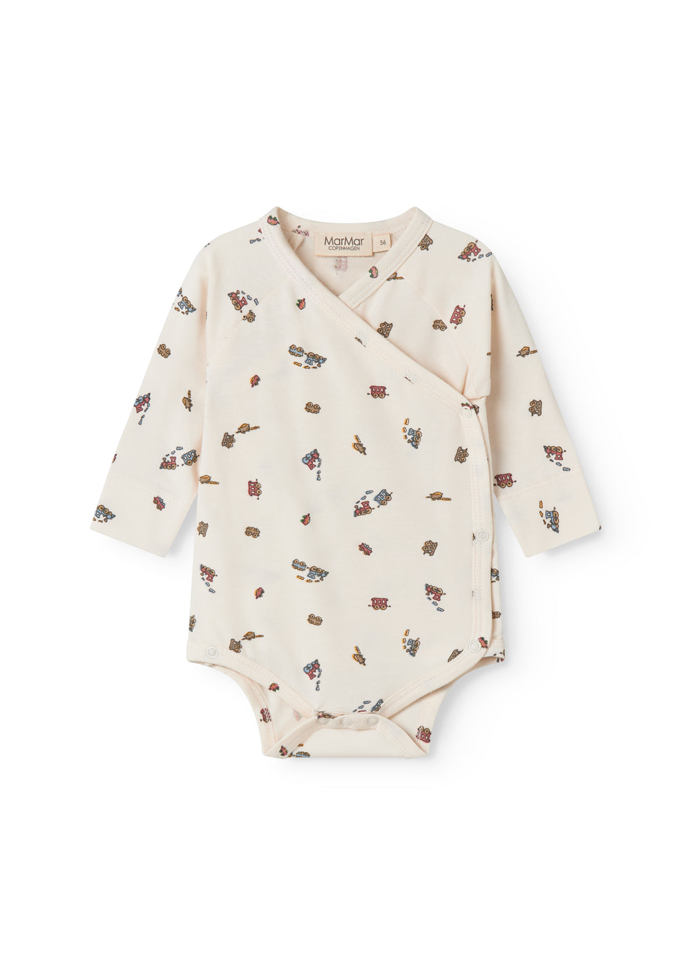 Langärmet bodystocking for a newborn baby with a snap closure and train motif.