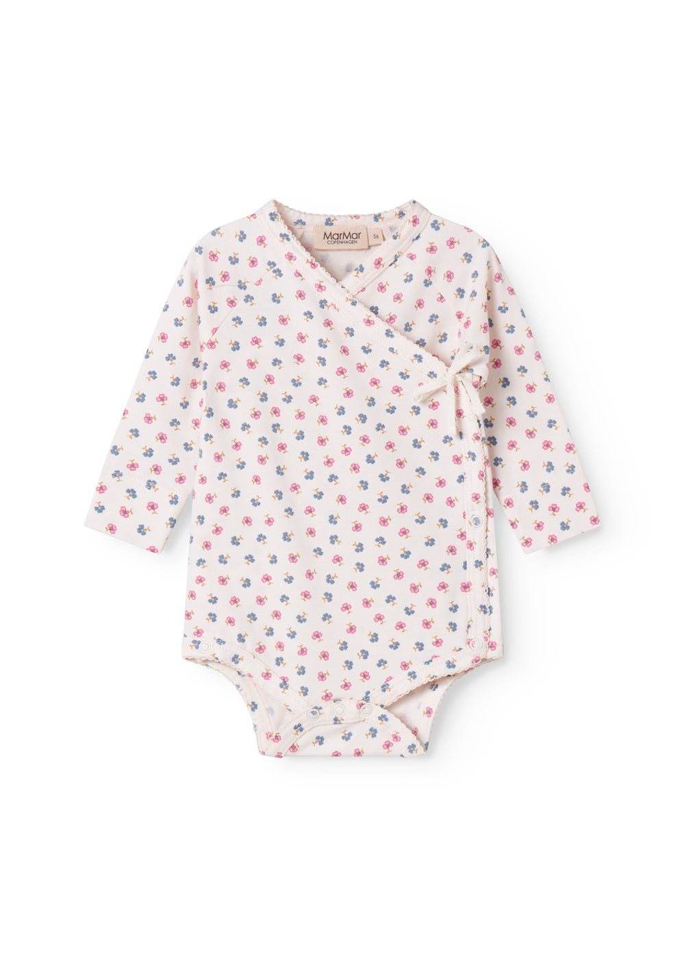 Langærmet bodystocking for a newborn baby with snap closure and flowers.