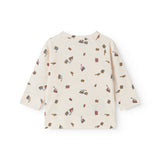 Langærmet bluse til nyfødt baby med slå-om-lukning og togprint