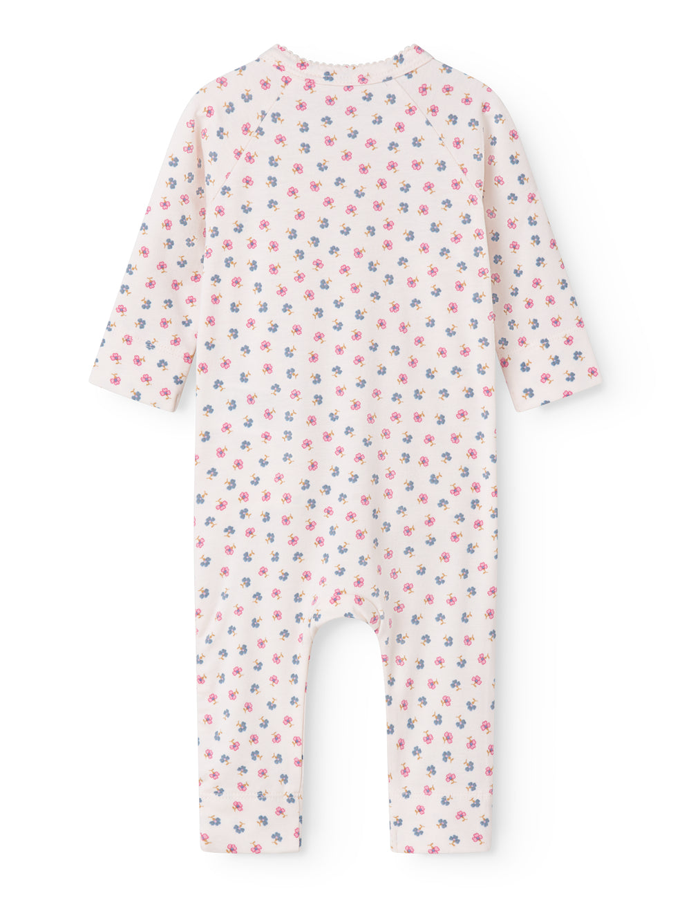 Langærmet heldragt med slå-om-lukning og blomstermønster til nyfødte