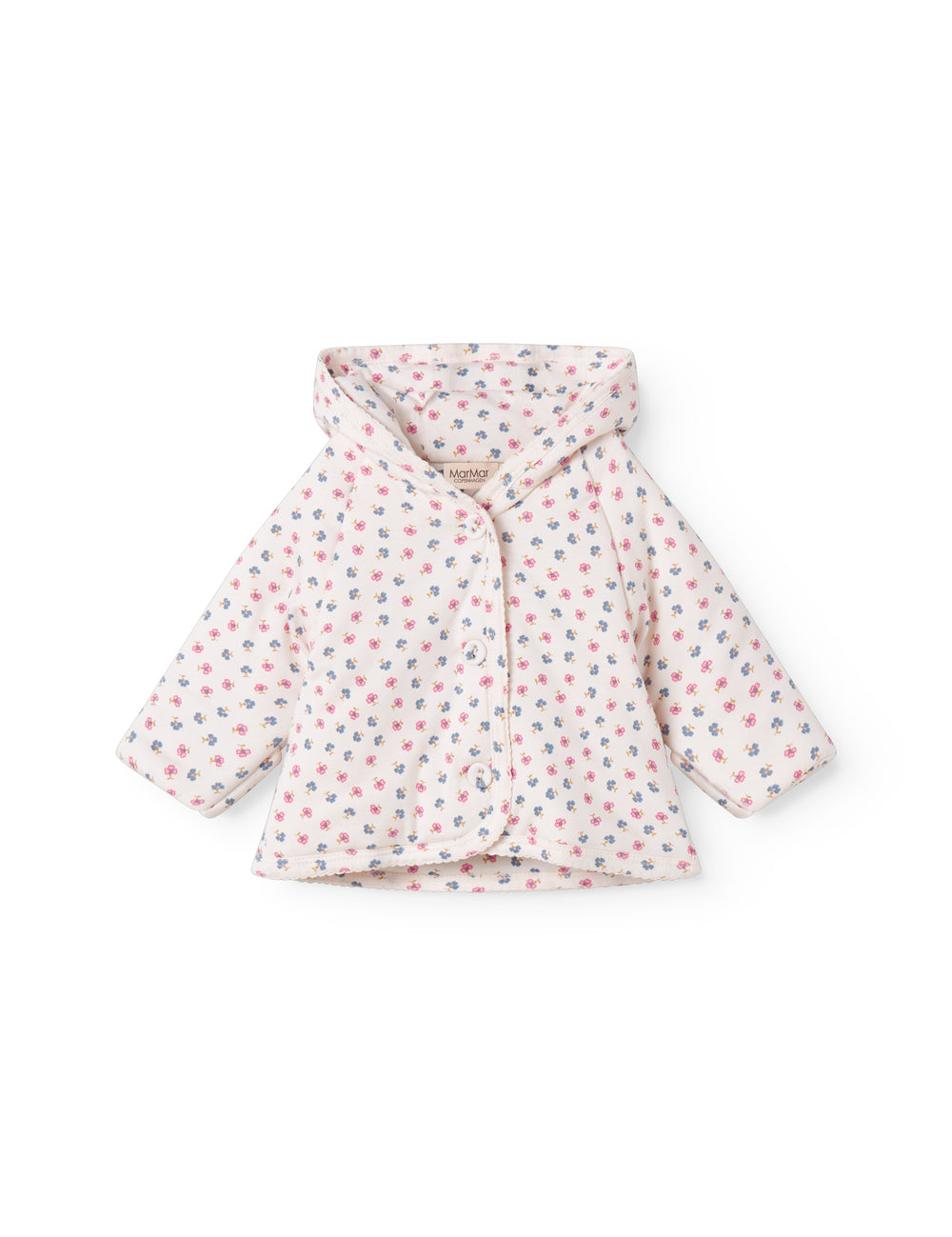 Vatteret jakke til nyfødt og baby med hætte, knaplukning og blomstermønster