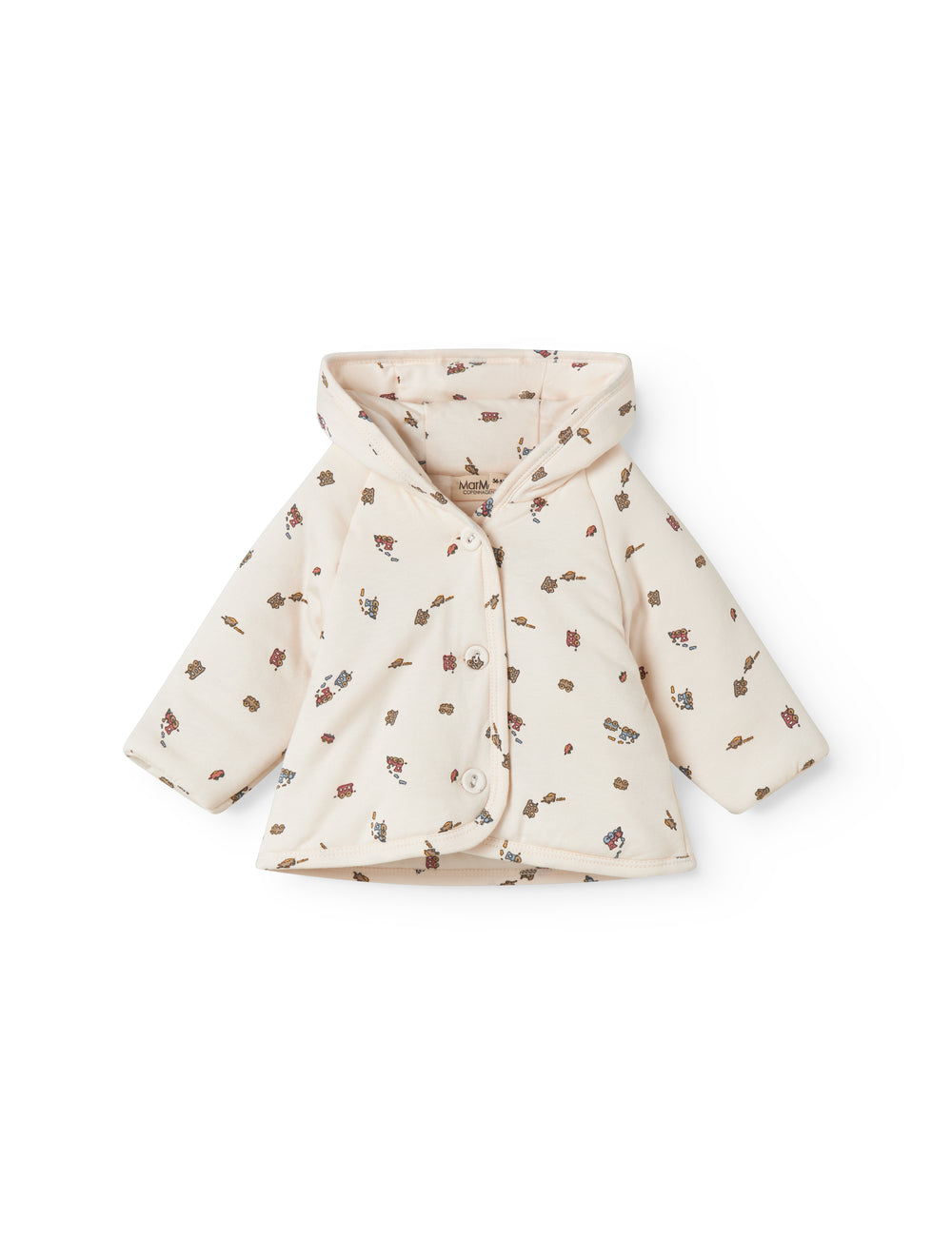 The jacket for newborn and baby with hat, snap closure, and train pattern.