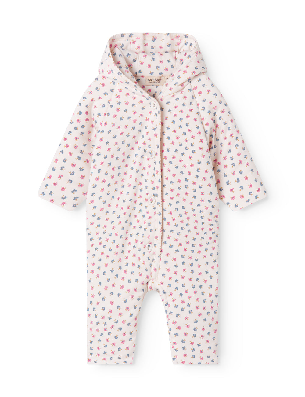 The hat is designed for newborns with a brim, snap closure, and flower pattern.