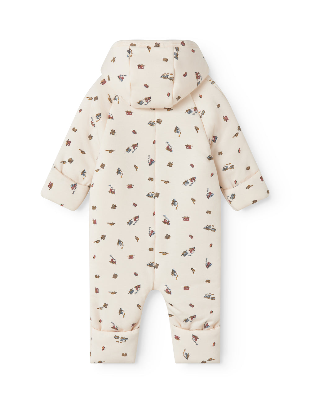 Vatteret heldragt til nyfødt med hætte, knaplukning og togmønster