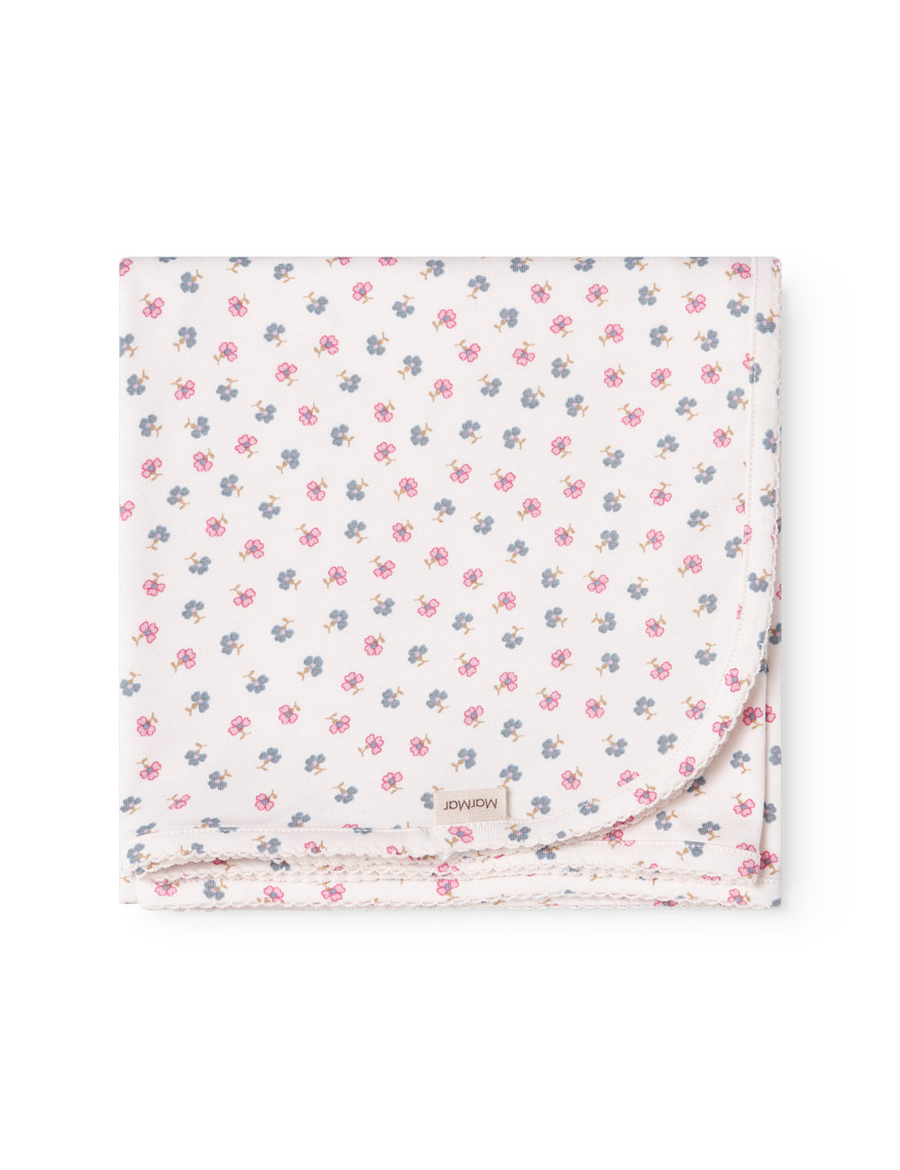 Baby blanket with rounded corners, picot edges, and floral print.