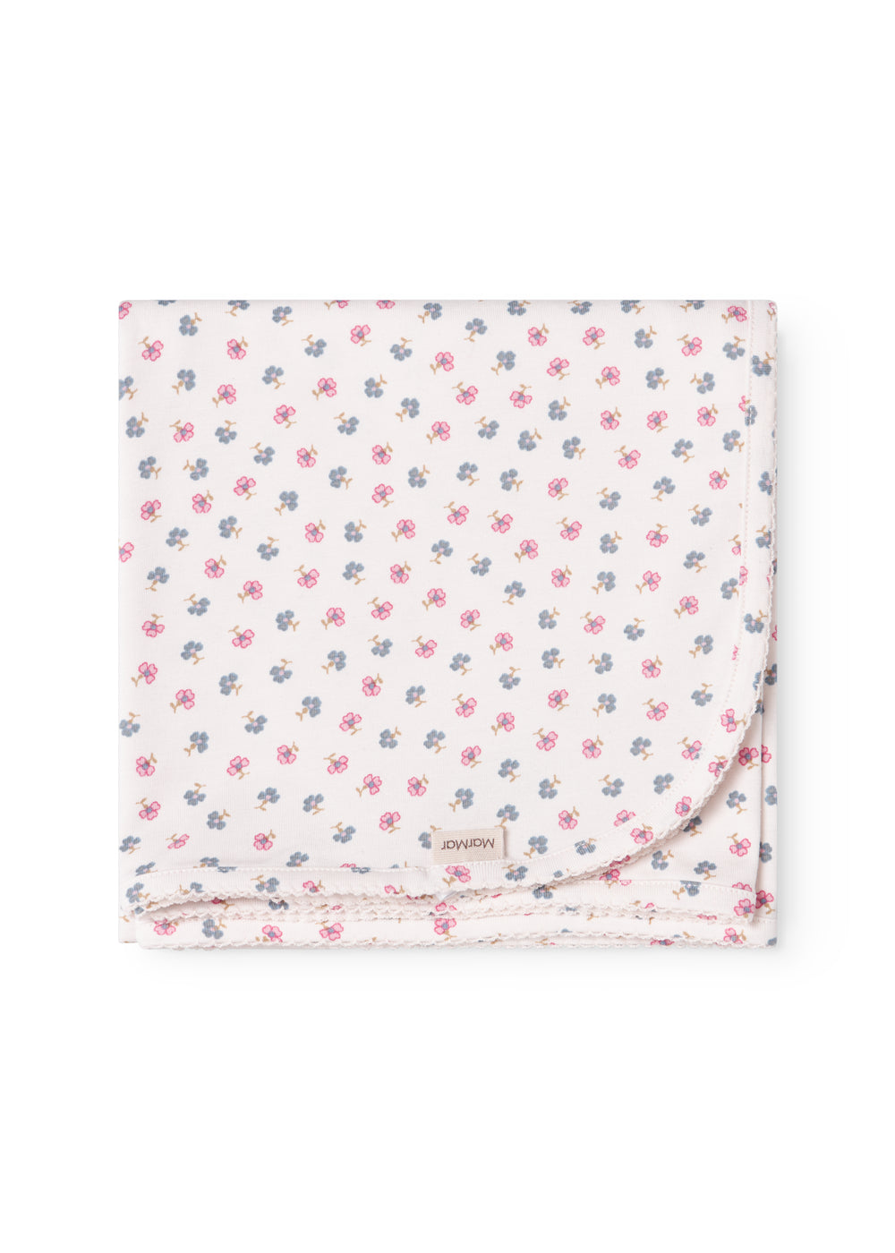 Baby blanket with rounded corners, picot edges, and floral print.