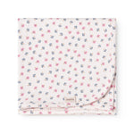 Baby blanket with rounded corners, picot edges, and floral print.