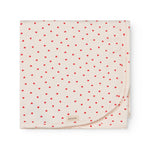 Baby blanket with rounded corners, picot edges, and a fine heart print.