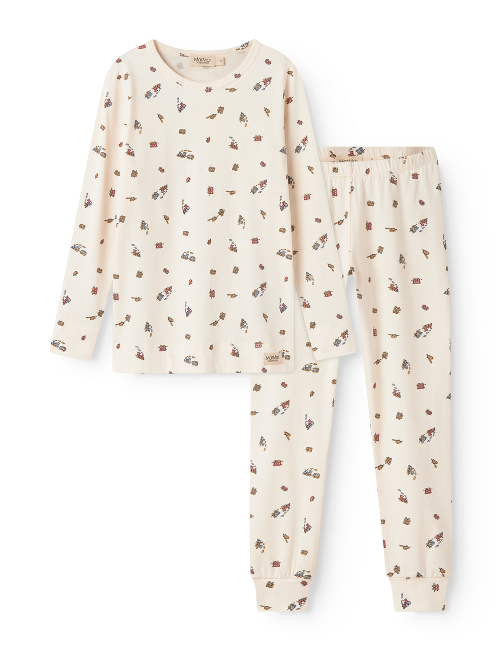 Children's clothing sets with train prints.